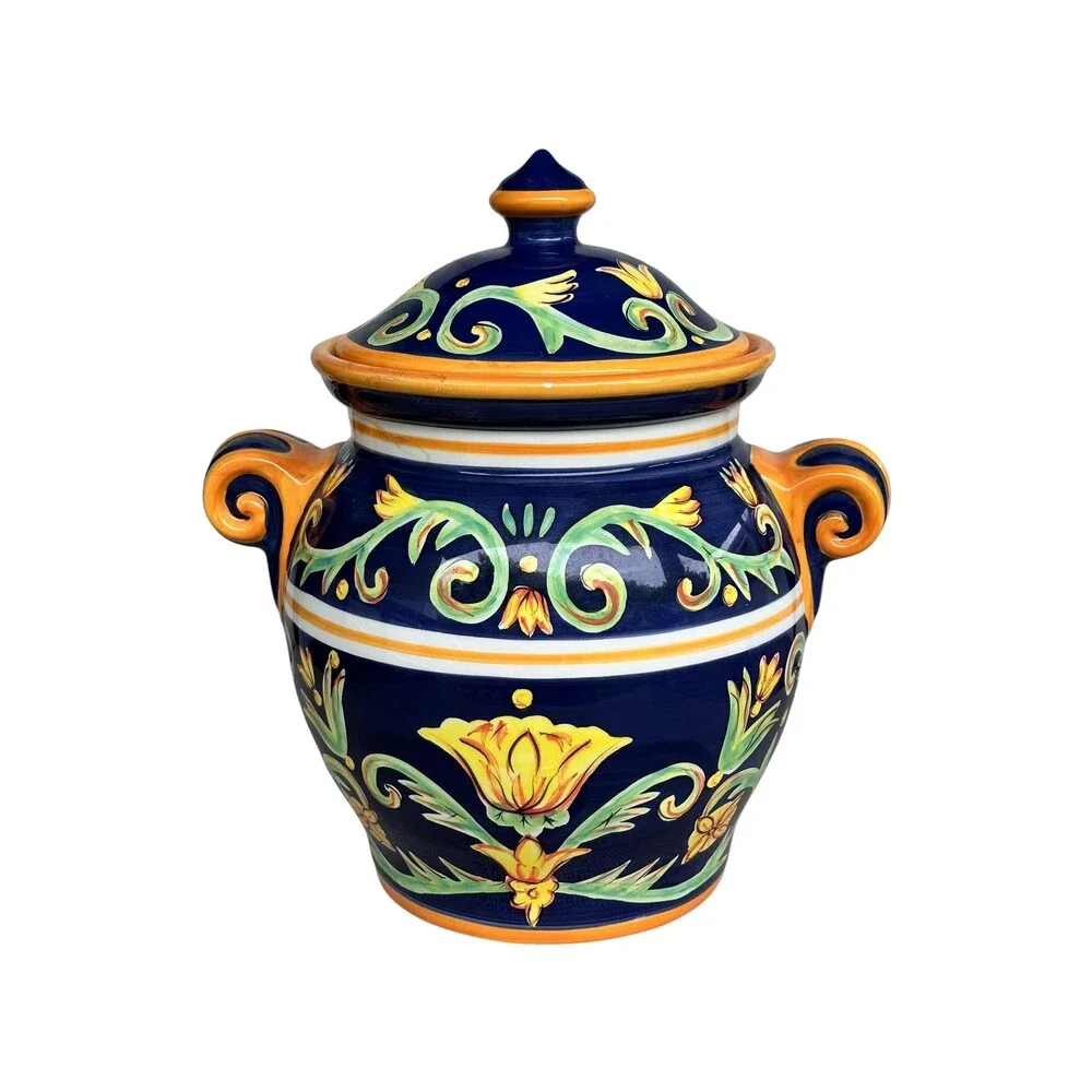 Vintage Tabletops Unlimited Mezzana Ceramic Lidded Jar Urn Floral Tuscan Large